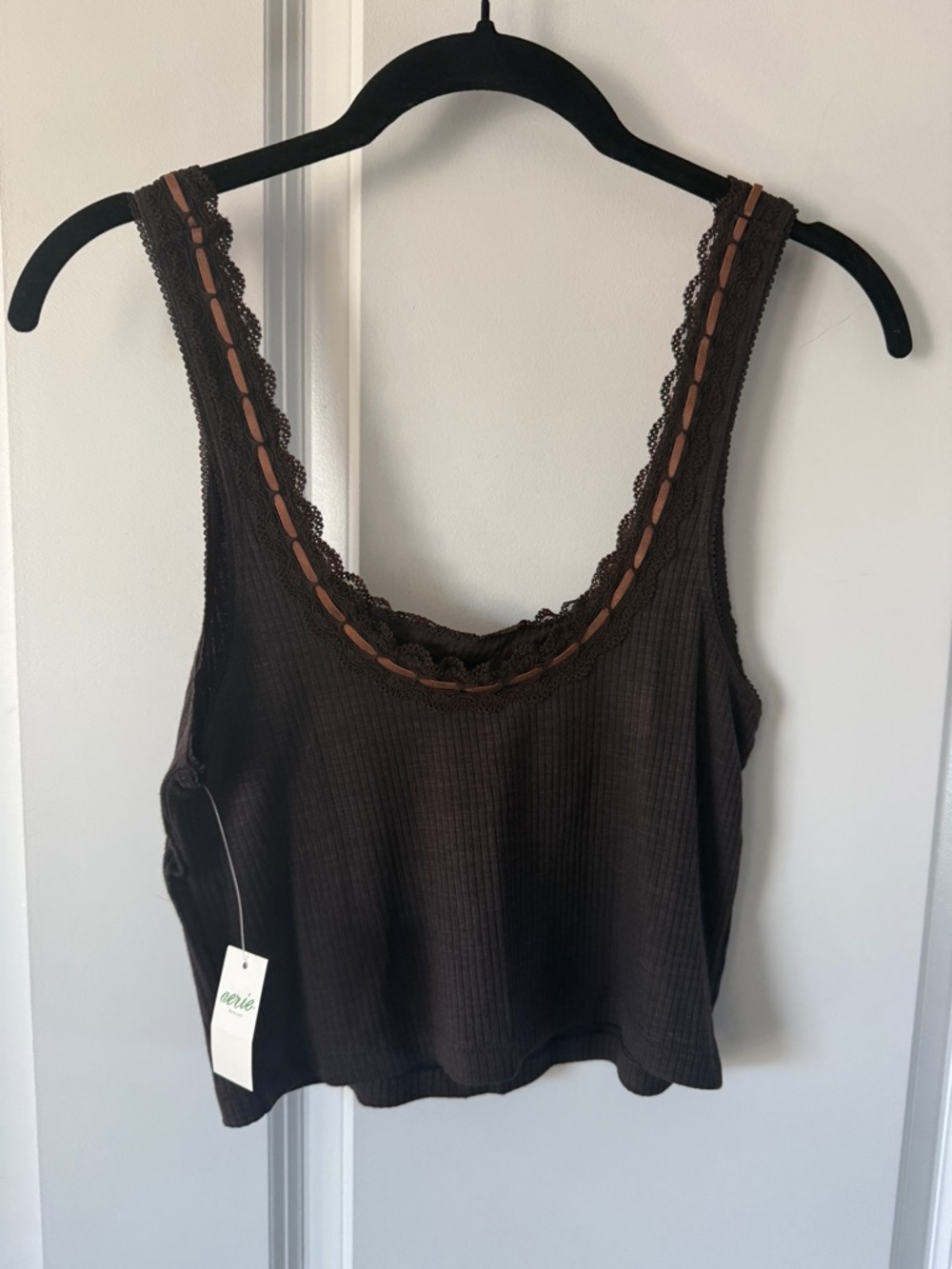 aerie Chocolate Brown Lace-Trim Ribbed crop Tank tank - Picture 3 of 5